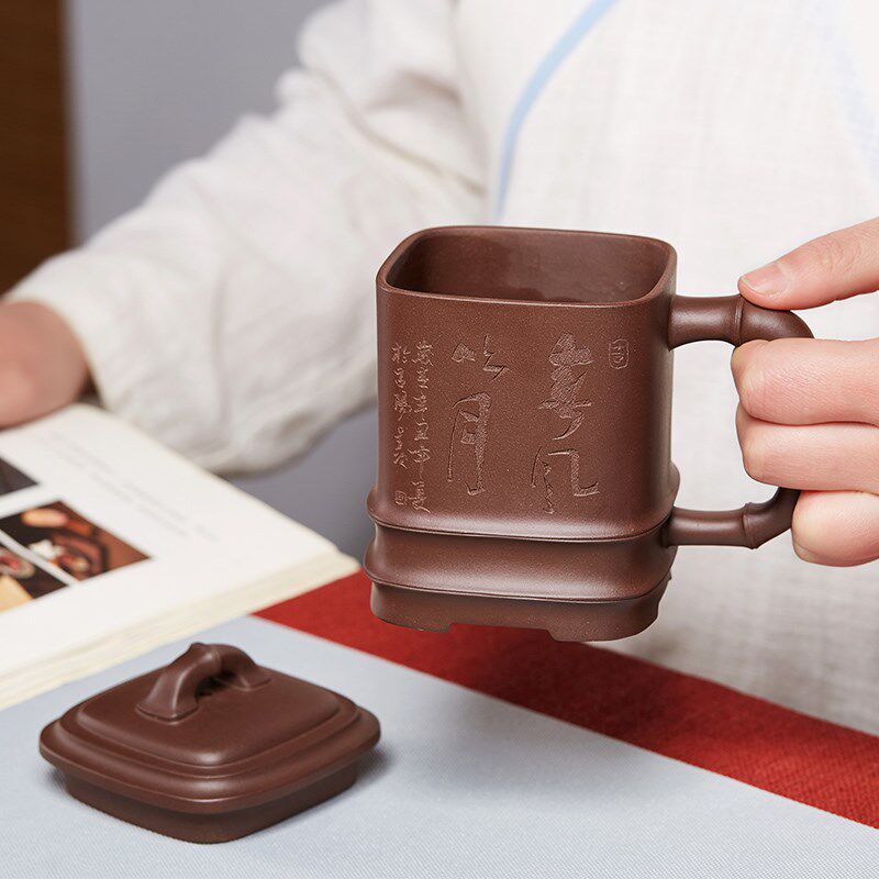 尊壶宜兴紫砂杯四方竹节泡茶杯大容量带盖水杯子陶瓷办公家用茶具