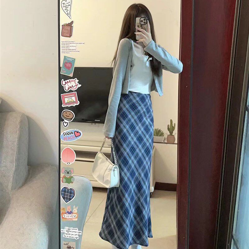 小个子学院风复古蓝色格子半身裙150cm高腰a字包臀鱼尾长裙xs秋女