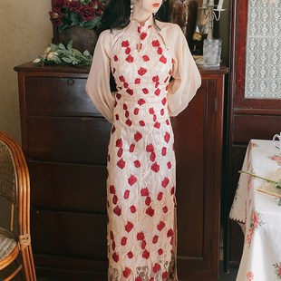 改良旗袍舞蹈敬酒订婚连衣裙长袖春秋新娘回门茶歇裙红色玫瑰礼服