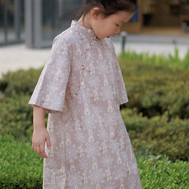 毛小姐 女童旗袍中袖小礼服 紫色玉兔图案 国风淑女舒适改良