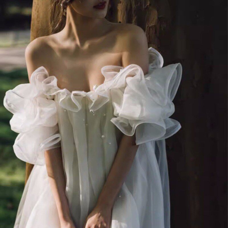 新娘订婚敬酒礼服甜美性感一字肩荷叶花边连衣裙名媛气质仙女长裙