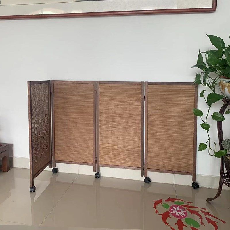 竹编复古小屏风可移动带滑轮幼儿园专用宠物围栏游戏区隔断可折叠