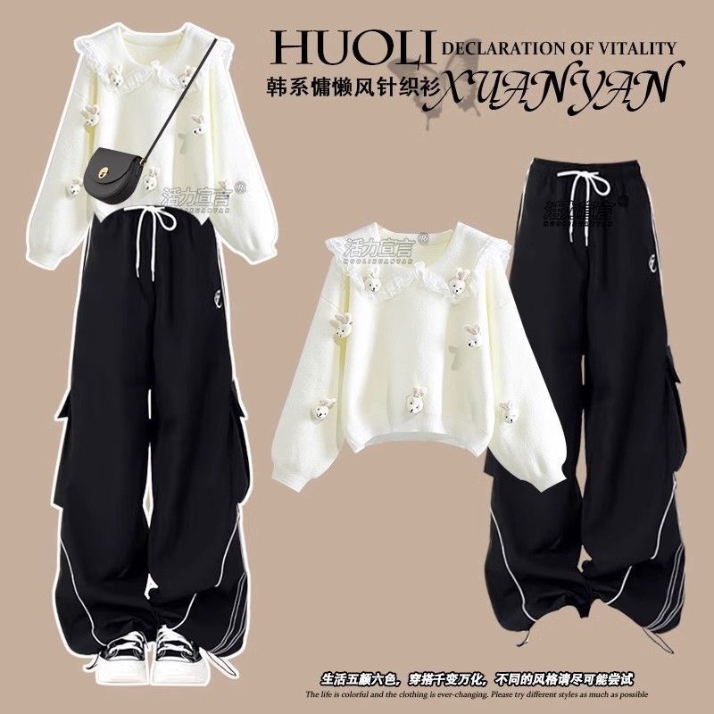 女童秋装毛衣套装2024新款12岁中大童学生洋气针织衫高级感工装裤