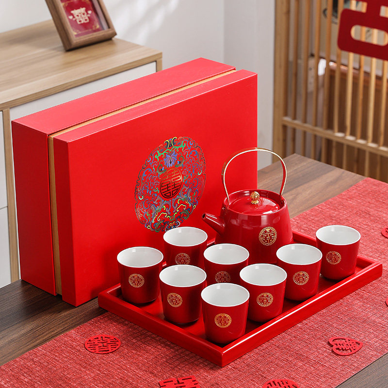 结婚茶具陶瓷婚庆敬茶杯茶壶家用客厅红色喜茶杯子陪嫁茶具套装