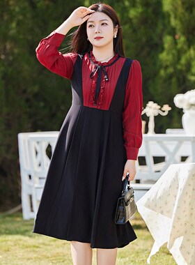 2024年秋装新款法式高级感气质A字裙长袖显瘦胖MM大码红色连衣裙