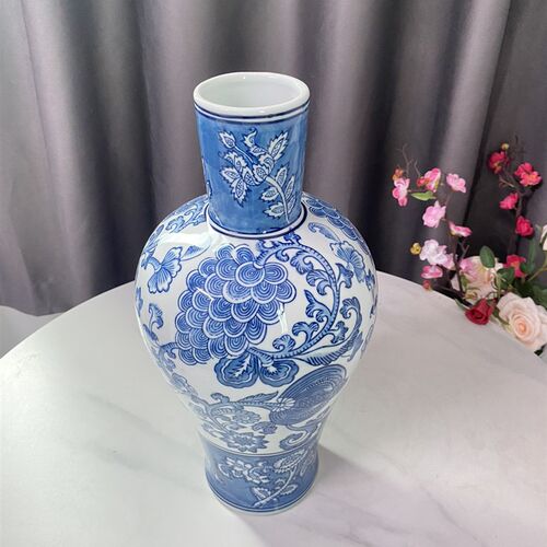 手绘龙纹淡青花瓷花瓶花器摆件玄关客厅书房新中式摆件插花落地瓶