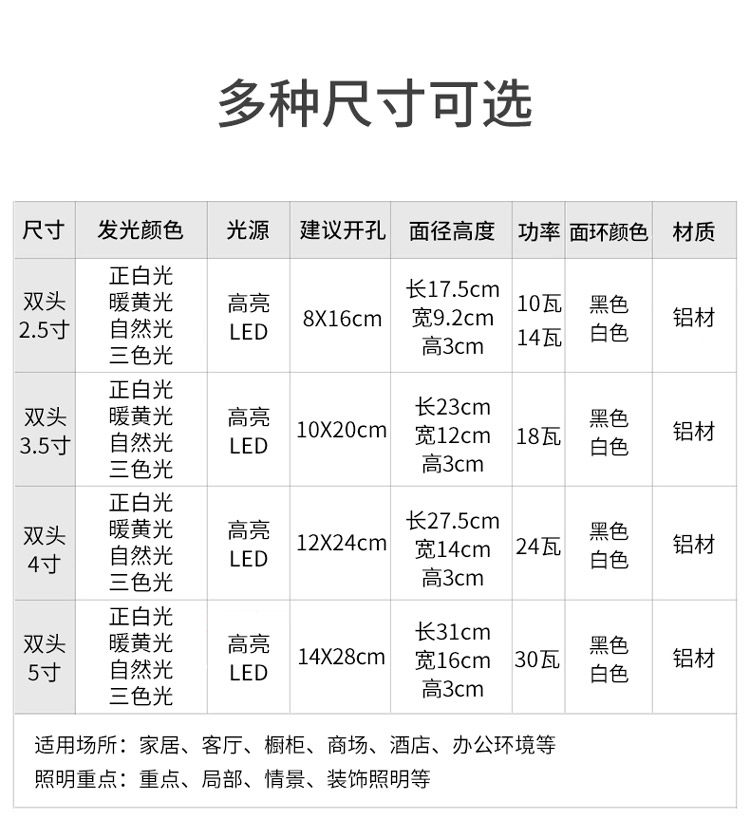 led双头筒灯吊顶格栅斗胆灯嵌入式双筒长方形天花灯双孔10x20超薄