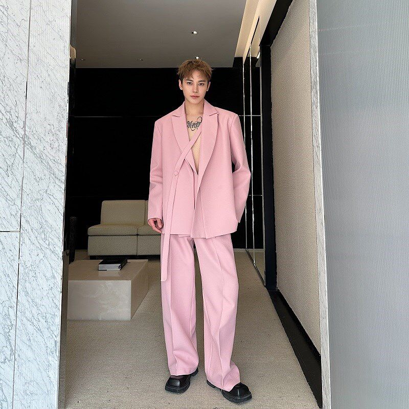 春装韩国时尚洋气小众粉色双领绑带设计西服套装男阔腿西裤两件套