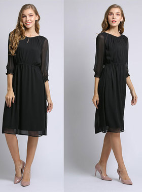 高端女装大码黑色中袖雪纺直筒连衣裙2021新款七分袖夏季薄款胖mm