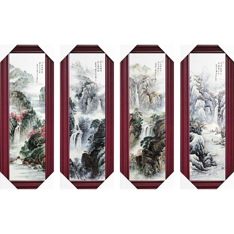 景德镇陶瓷四联挂画 春夏秋冬国画山水陶瓷画 实木框客厅背景墙装