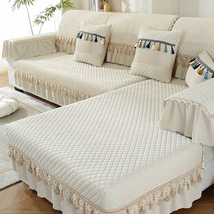 纯色水晶绒沙发垫米白色四季 裙摆防滑垫套罩贵妃全包定做 通用欧式