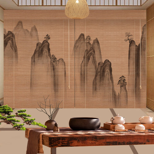碳化山水风景画印花竹帘卷帘窗帘卷拉式升降茶室隔断背景装饰帘子