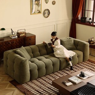 叙旧之旅/复古绿色棉花糖沙发小户型三人位直排法式布艺沙发客厅