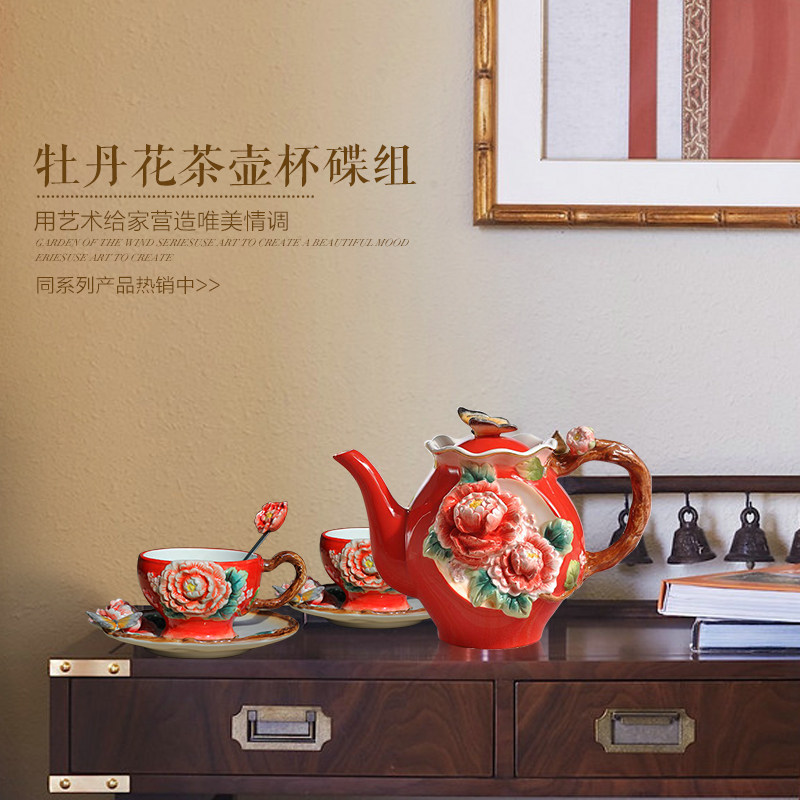 中式花好月圆陶瓷茶壶茶杯组新房新婚装饰装饰品陶瓷茶具家居礼品