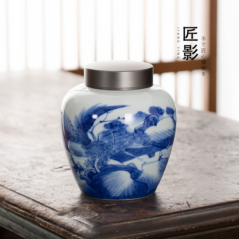 釉下青花瓷茶叶罐家用复古绿茶存储罐陶瓷密封罐竹盒装双罐礼盒装