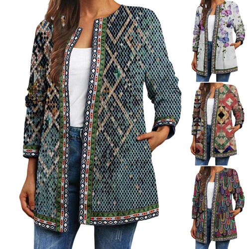 Women Coat Butterflies Print Retro Long Sleeve Loose Soft