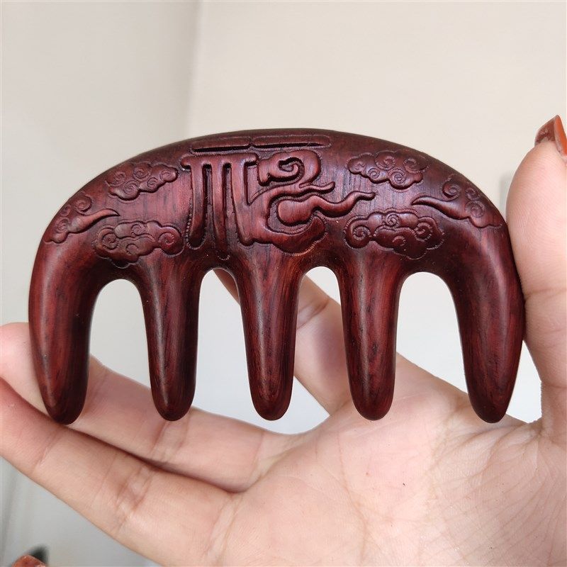 头部经络疏小叶紫檀面雕刻五齿木梳大齿宽齿按摩头皮绿檀木梳子