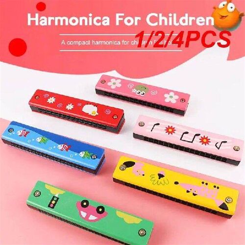 1/2/4PCS Holes Cartoon Wooden Harmonica Mouth Organ Kids