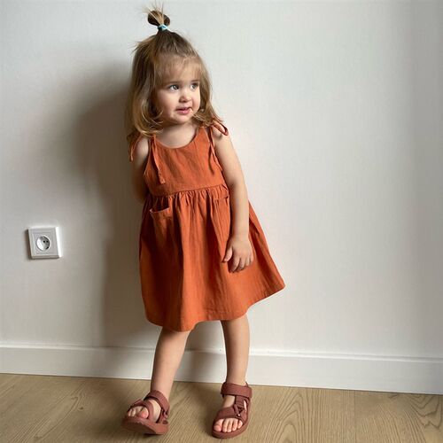 Children Girls Summer Casual Dress Solid Suspender With Pock