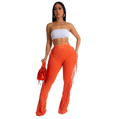 Womens cotton tassel elastic tight fitting micro flared
