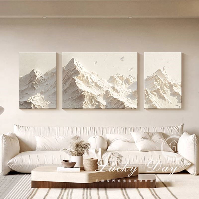 奶油风客厅装饰画抽象立体砂岩壁画背有靠山沙发背景墙高级感挂画