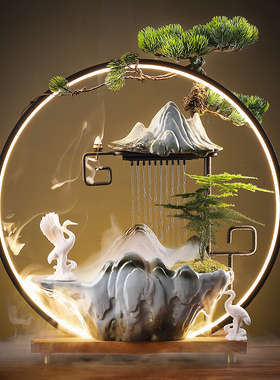 创意招财流水摆件客厅陶瓷循环水喷泉办公室实木桌摆乔迁开业礼品