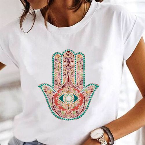 Womens Short-sleeved Simple And Versatile Hamsa Hand Of