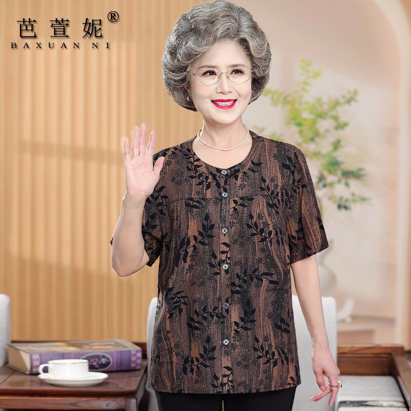 中老年人女装奶奶夏装短袖衬衫老人妈妈套装宽松大码棉绸t恤上衣