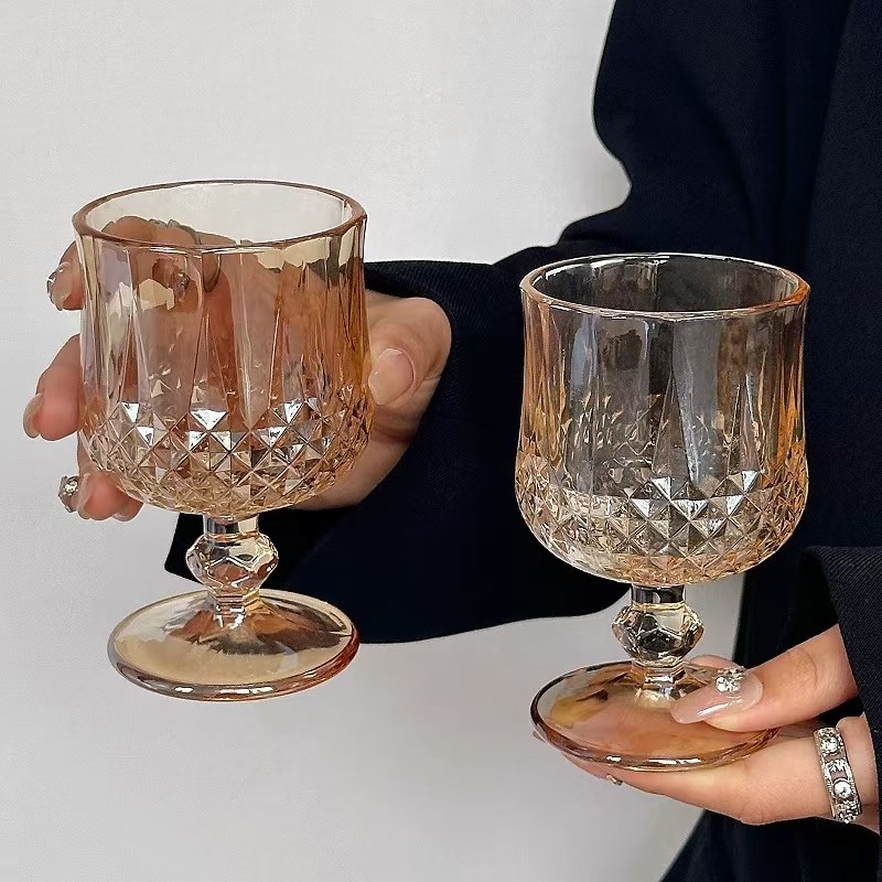 4只琥珀高脚杯复古轻奢网红透明家用无铅欧式酒红洋酒杯葡萄酒杯