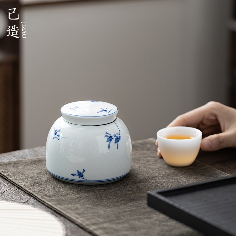 己造 纯手绘茶叶罐陶瓷密封罐精致白瓷茶罐普洱绿茶防潮家用茶仓