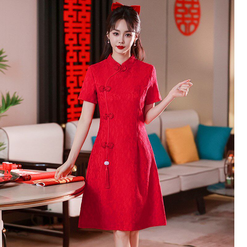 新式高端国风大码蕾丝改良旗袍连衣裙气质显瘦年轻款送考红色裙夏