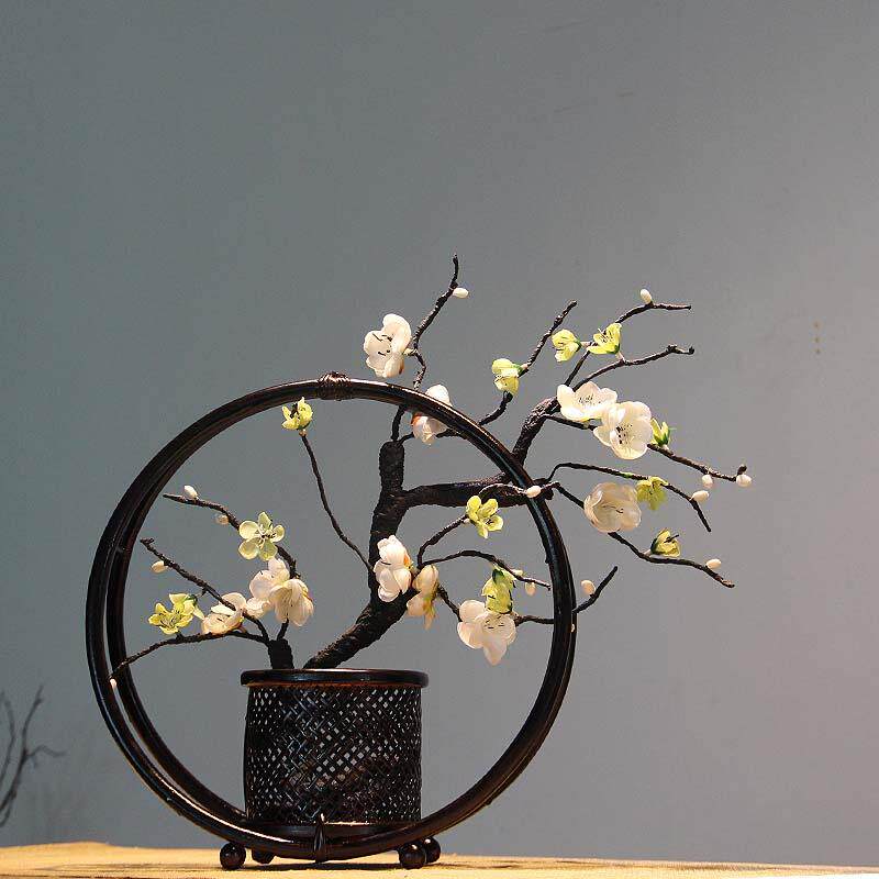 新中式花瓶花插禅意摆件+家居客厅电视柜玄关招财酒柜竹编装饰品