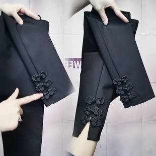 西装裤子女2023春季新款中国风盘扣显瘦小西裤黑色九分休闲小脚裤