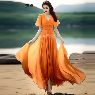 橙色连衣裙夏季新款雪纺短袖长裙收腰显瘦大摆裙海边度假沙滩裙