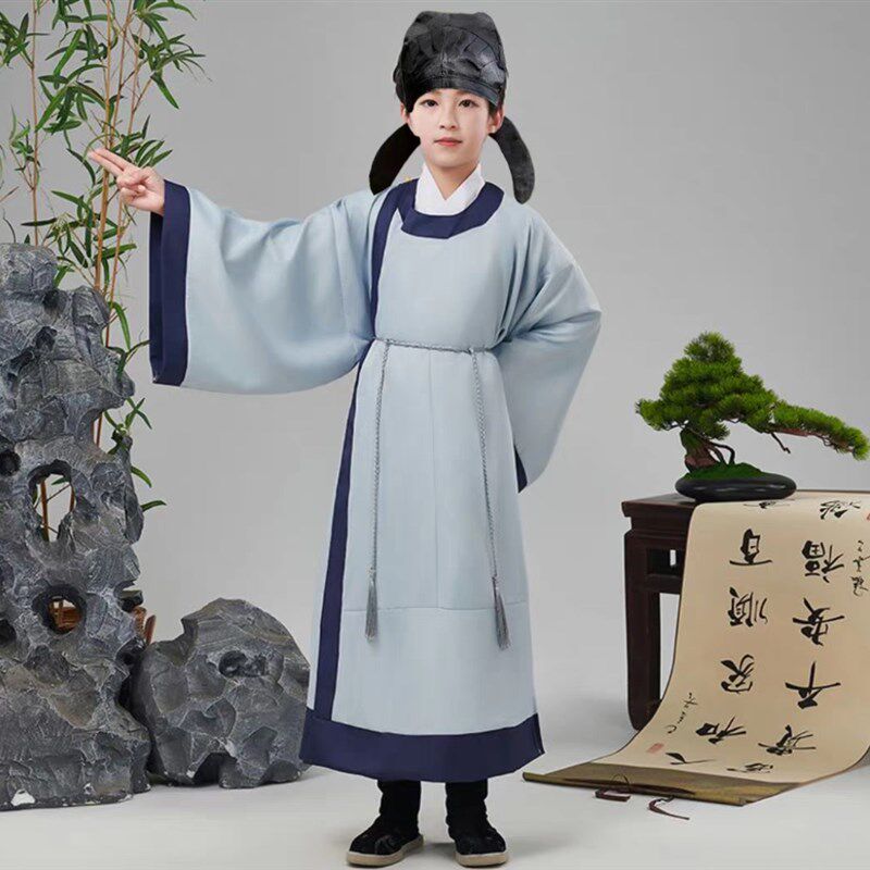 儿童李白汉服男童杜甫服装唐代诗人服装古风圆领袍套装古诗词朗诵