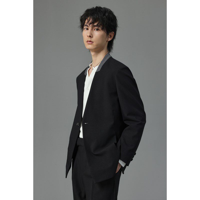 【储格】拼色无领新中式休闲西服男麻纱宽松小西装国风设计感外套