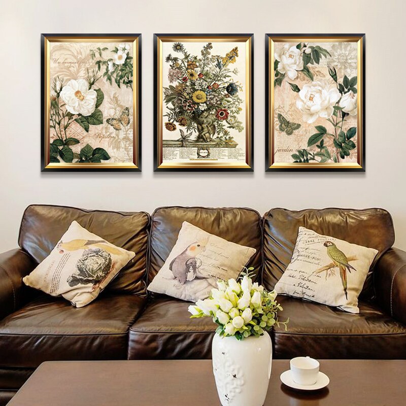 客厅花卉装饰画三联画美式风格壁画小众艺术可客制化玻璃画装饰植