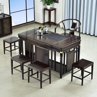 新中式茶桌家用茶台乌金石实木原木黑紫檀色纯铜角带置物架多功能