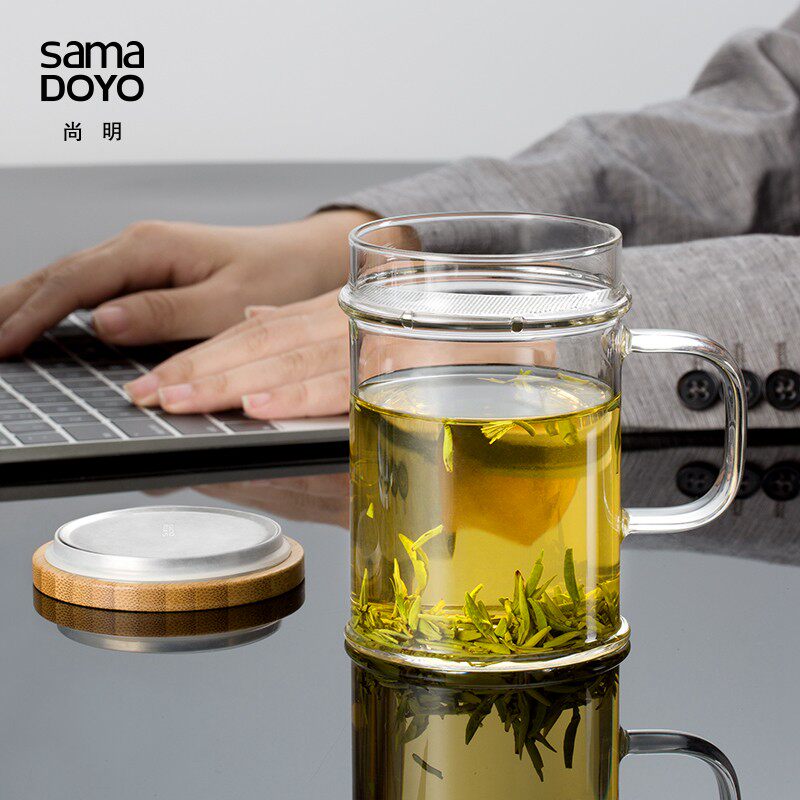 尚明月牙杯玻璃泡茶杯过滤带把绿茶杯子带盖水杯办公室茶杯玻璃杯