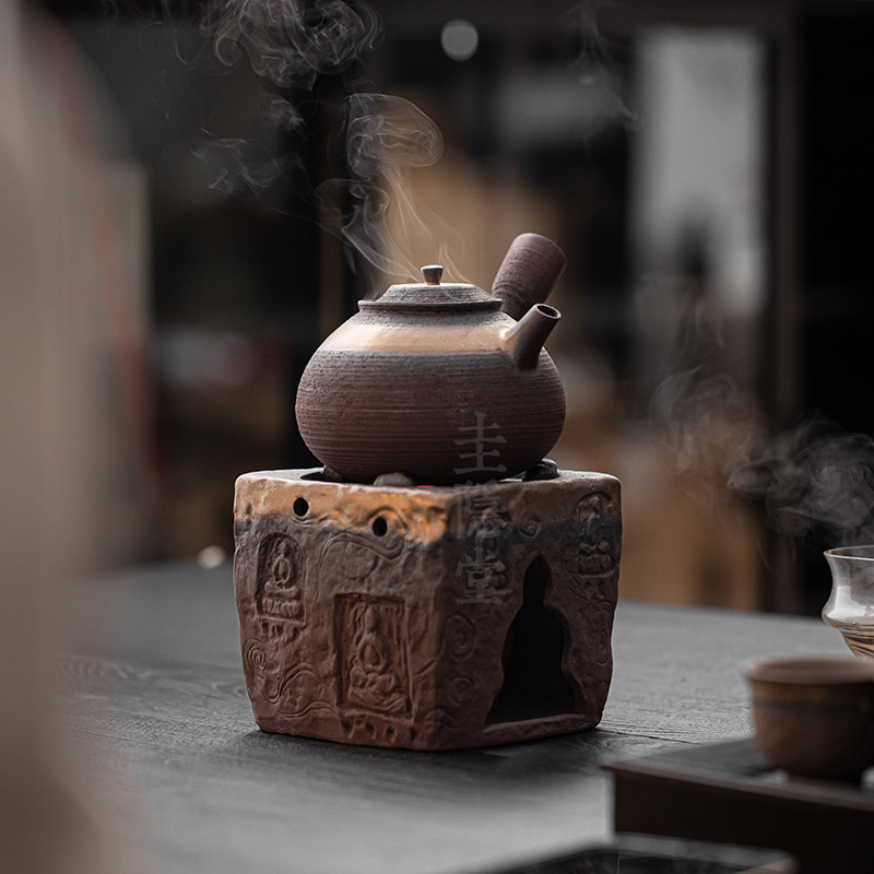 圭隐堂手工粗陶鎏金围炉煮茶壶侧把壶家用复古煮茶炉酒精炉温茶炉