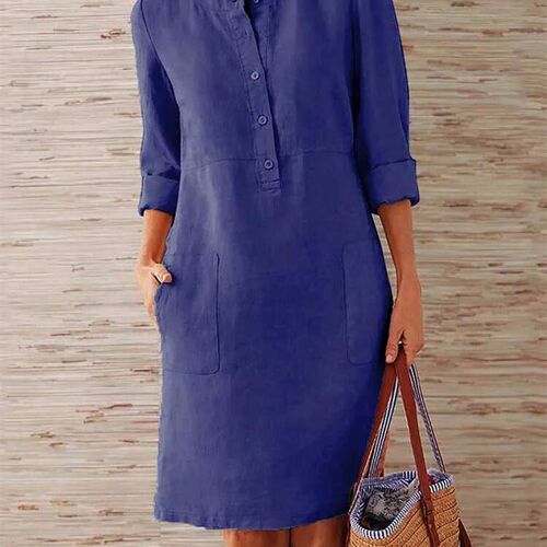 Cotton Linen Dress Spring Vintage Long Sleeve Button Pocket
