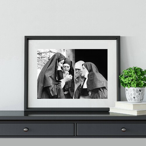 Smoking Nuns Prints Vintage Photo Black and White Poster Cig