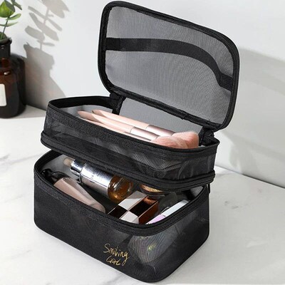 Simple Black Mesh Makeup Case Organizer Storage Pouch Casual