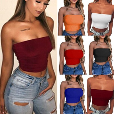 Womens Tube Tops Strapless Sexy Crop Top Solid Color Elasti