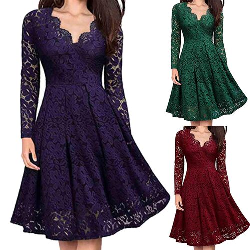 Retro Women Dresses Lace Floral V Neck Long Sleeve Tight