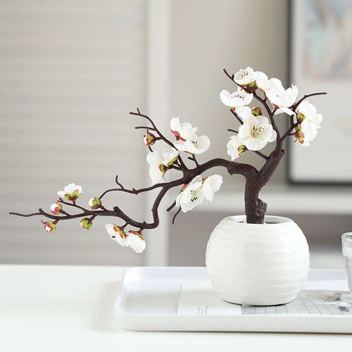 Cherry Red Plum Blossom Silk Artificial Flowers Plastic Bran