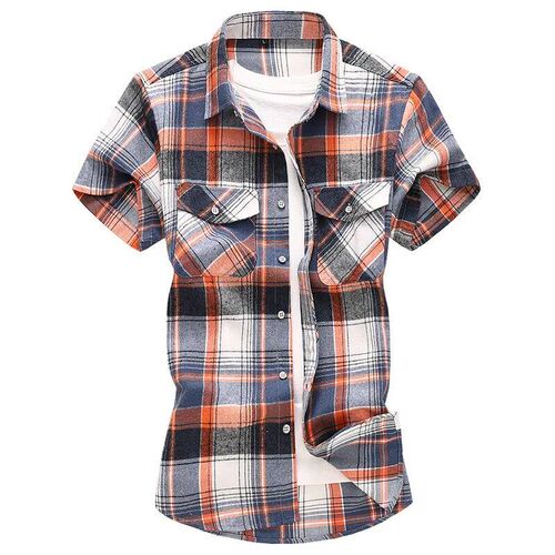 Striped Plaid Short-sleeved Shirt Mens Single-breasted Squa
