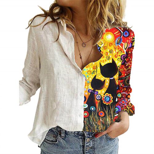 Fashion Women Buttons Long Sleeve Sunflower Cats Patchwork B