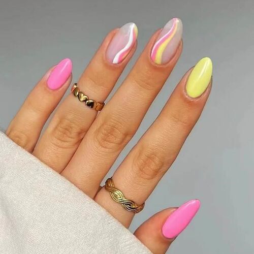24Pcs Short Round Fake Nails with Glue Almond Wavy Lines Des