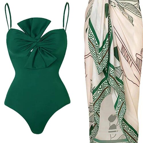 S - XL 5 Colors With Printed Sarong Women Swimwear One Piece